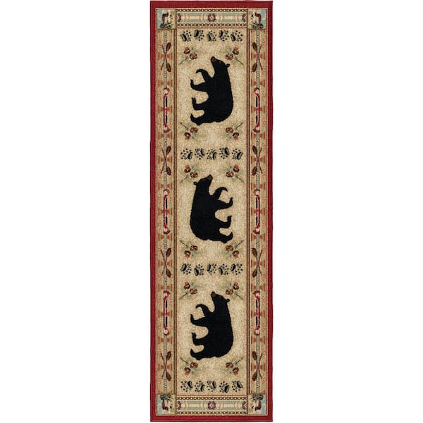 Hearthside Woodlands Bear Red 2 ft. x 8 ft. Lodge Area Rug