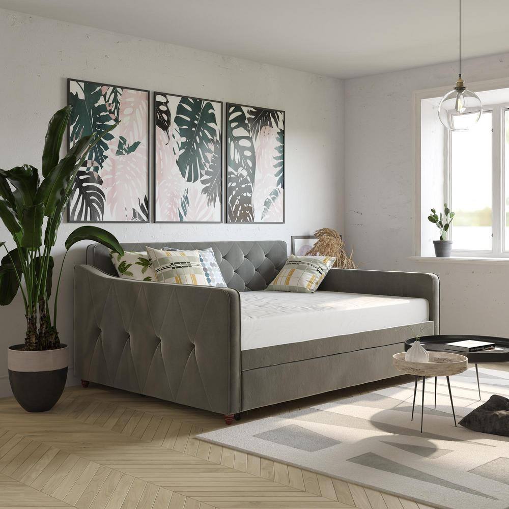 Gray Velvet Upholstered Full Daybed with Tufted Design