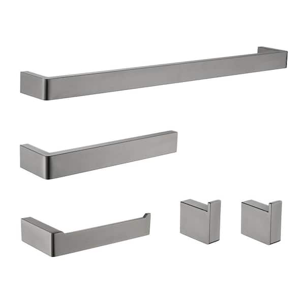 Stainless Steel 5-Piece Bath Hardware Set with 24 in. Towel Bar TP Holder 2 Towel Hook in Matte Gray