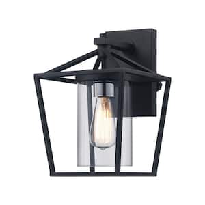 1-Light Black and Brushed Nickel Outdoor Wall Light Fixture with Clear Glass