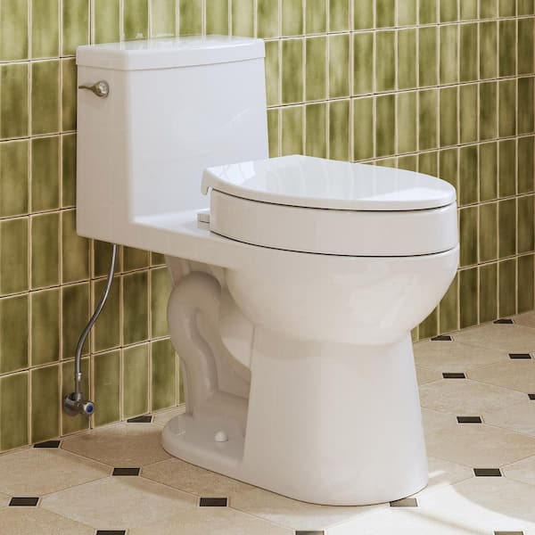 (1-Piece) ADA Height 1.28 GPF Single Flush Elongated Toilet in White with 3 in. Toilet Seat Riser, Map Flush 1000g
