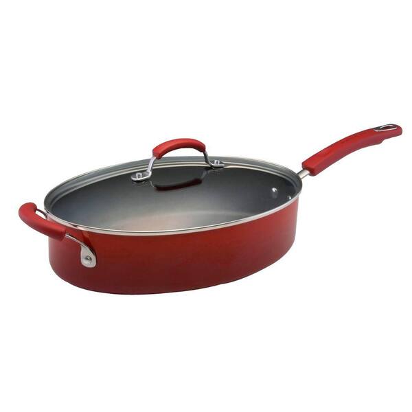 Rachael Ray 5 qt. Nonstick Porcelain Enamel Covered Oval Saute Pan in Red