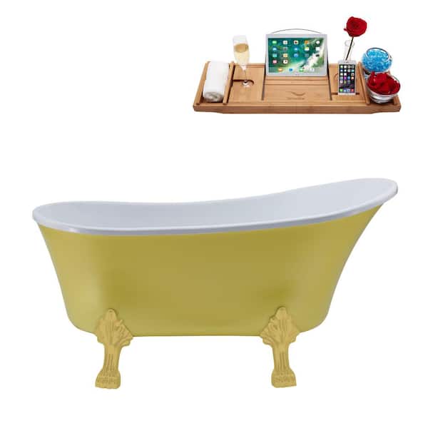 Streamline 55 in. x 26.8 in. Acrylic Clawfoot Soaking Bathtub in Matte Yellow with Brushed Gold Clawfeet and Matte Pink Drain