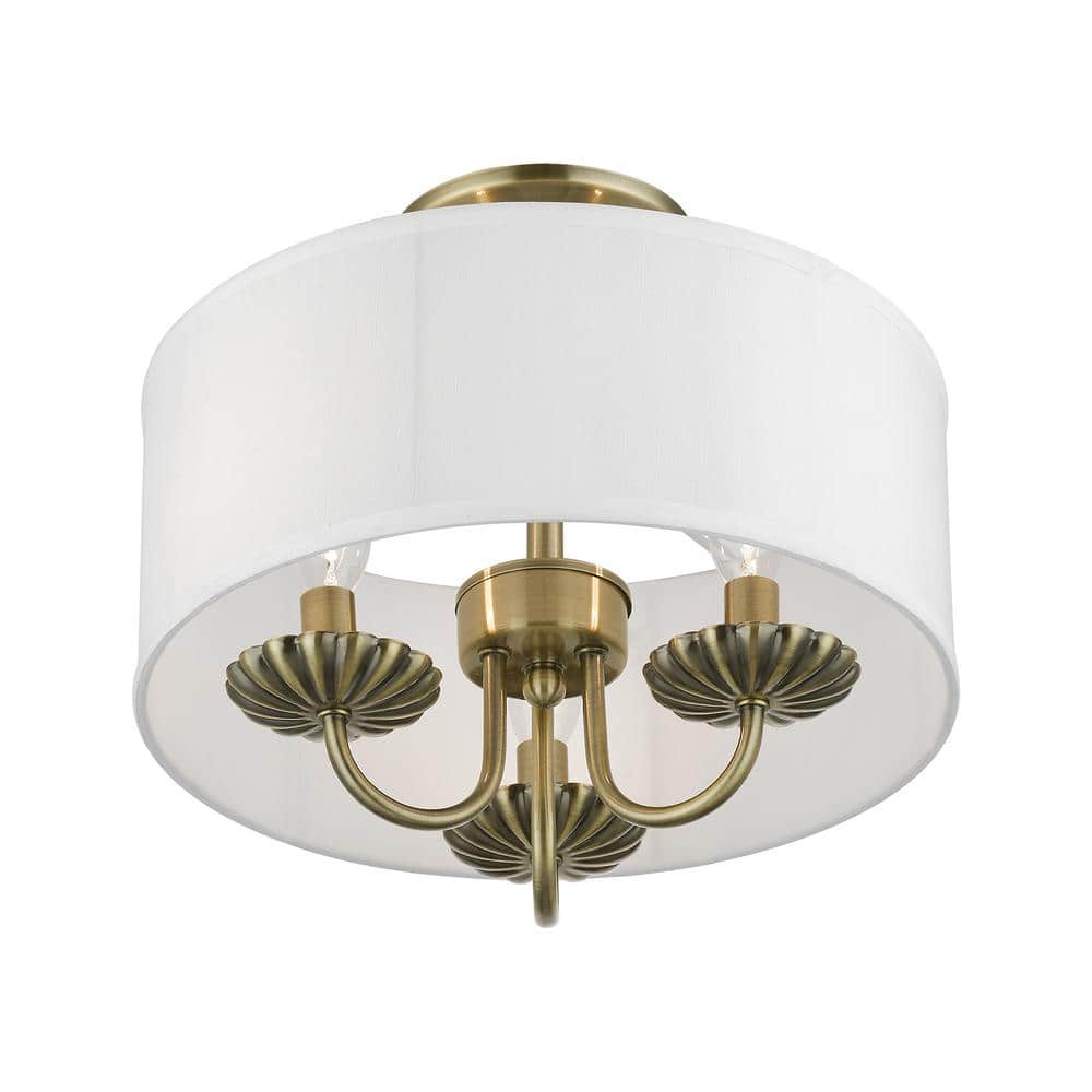 Antique Brass 13" Semi-Flush Mount with Off-White Drum Shade