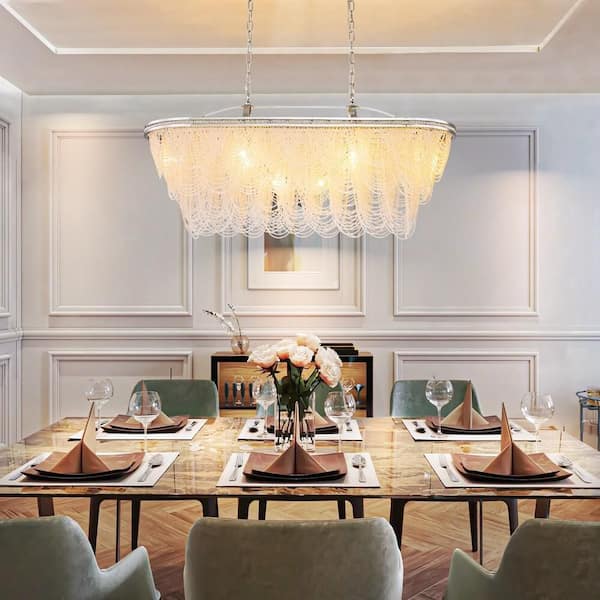 Krall 8-Light 3-Tiered Modern Glam Chrome Drum Crystal Chandelier for Dining Room with Crystal Beads