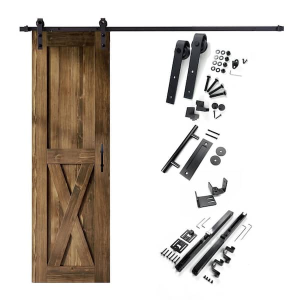 HOMACER 28 in. x 84 in. X-Frame Walnut Solid Pine Wood Interior Sliding Barn Door with Hardware Kit, Non-Bypass