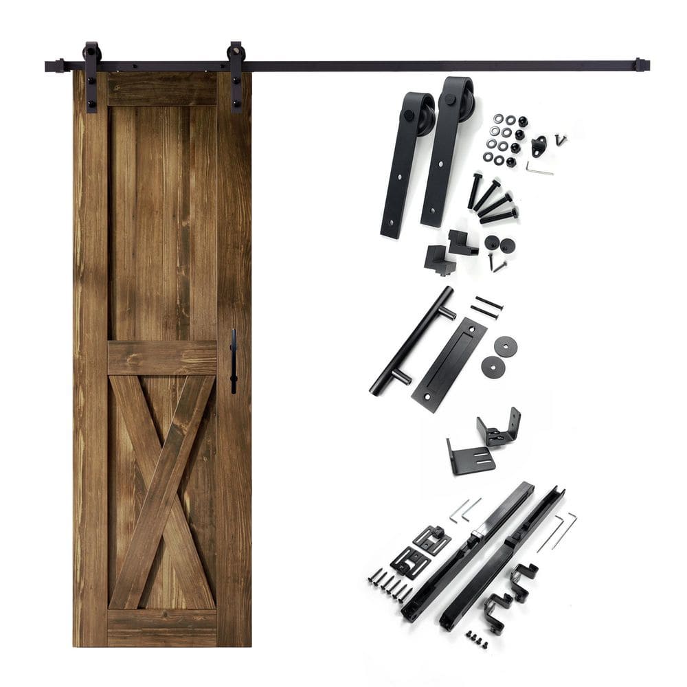 28 in. x 84 in. X-Frame Walnut Solid Pine Wood Interior Sliding Barn Door with Hardware Kit, Non-Bypass price history on PriceWatchPro