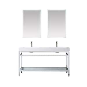 Ablitas 60 in. W x 20 in. D x 34 in. H Double Sink Bath Vanity in Chrome with White Composite Stone Top and Mirror