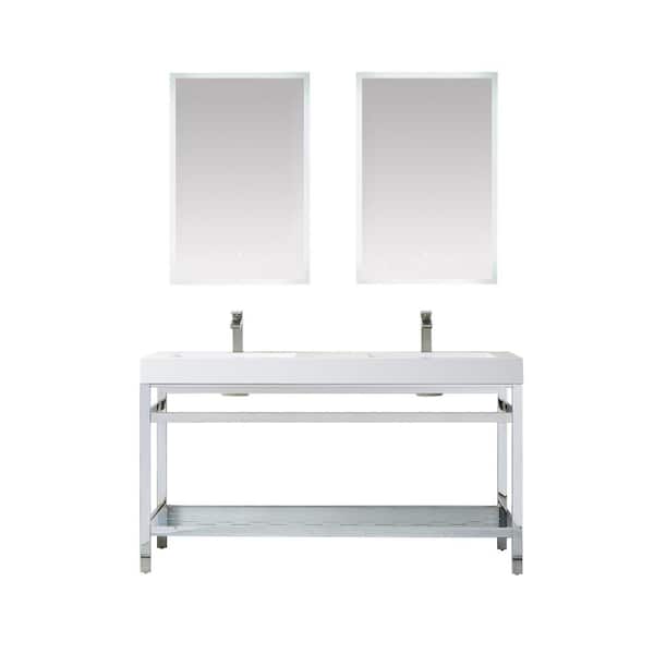 ROSWELL Ablitas 60 in. W x 20 in. D x 34 in. H Double Sink Bath Vanity in Chrome with White Composite Stone Top and Mirror