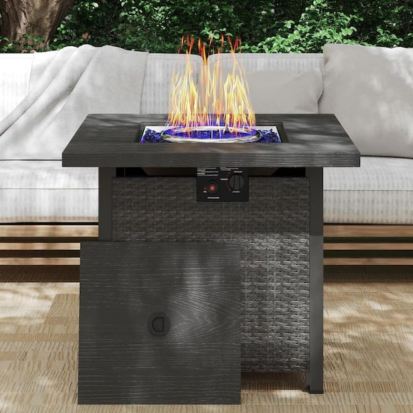 AURA OUTDOOR 28 in. 50,000 BTU Wicker Outdoor Propane Fire Pit Table with Removable Lid, Rain Cover, Gray