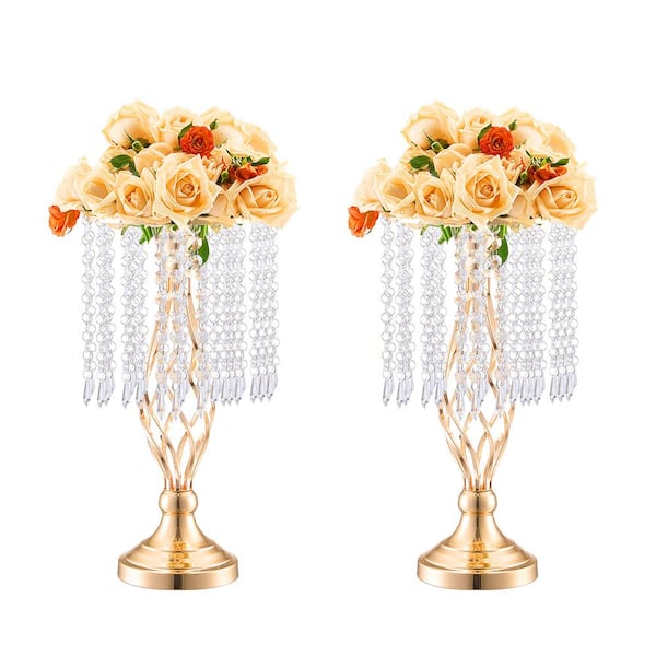 VEVOR 20 PCS 43 cm/16.9 in. Tall Crystal Wedding Flower Stand Metal Wedding Centerpiece Vase Gold Flower Holders Steel Round