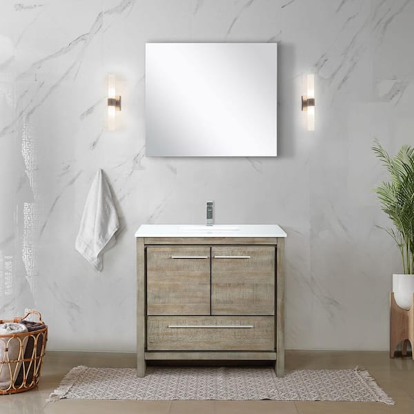 Lafarre 36 in W x 20 in D Rustic Acacia Bath Vanity, White Quartz Top, Gun Metal Faucet Set and 28 in Mirror