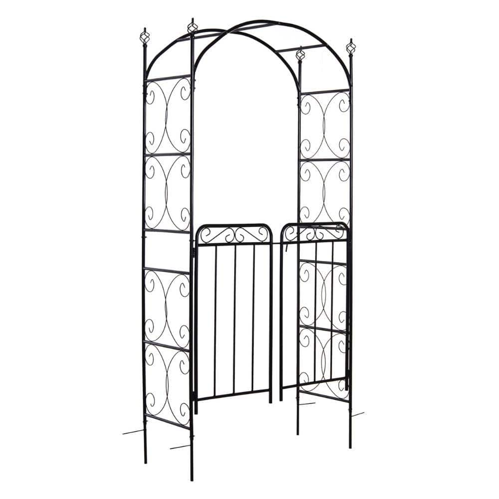 ITOPFOX Black 84.75 in. x 17.75 in. Garden Arch Arbor with Gate Metal ...