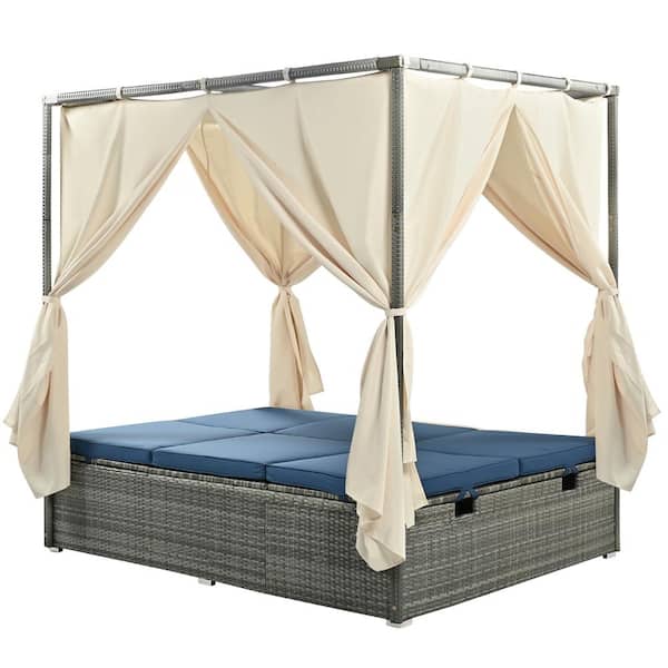 Unbranded Gray Wicker Outdoor Day Bed, with Removable Blue Cushions, Patio Sofa Bed with Canopy and Adjustable Seat