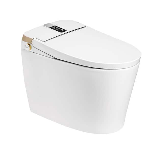 One-Piece 1.27 GPF Smart Single Flush Elongated Toilet in White Seat Included with Gold Decorative Cover