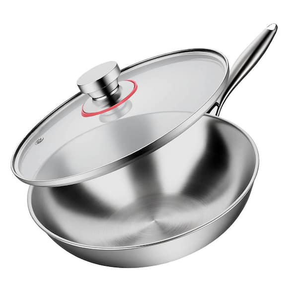 Tri-Ply Wok 13 Inch Stainless Steel Silver Even Heat Dishwasher and Oven Safe Induction Compatible Stir Fry Pan with Lid