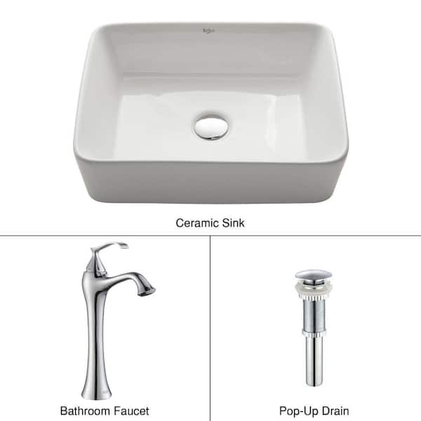 KRAUS Rectangular Ceramic Vessel Sink in White with Ventus Faucet in Chrome
