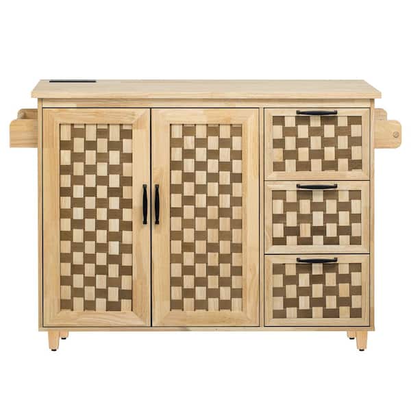 53in. W Natural 3D Woven Checkerboard Wood Kitchen Cart with Drop Leaf, Rolling Wheels, and Power Outlet