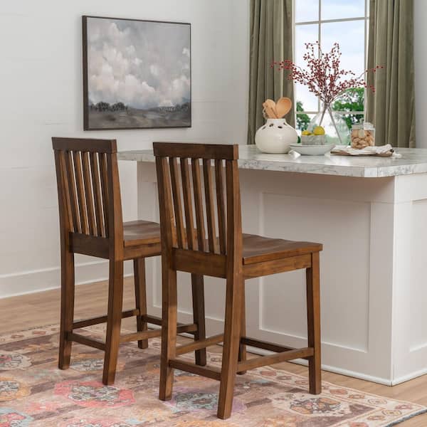 Terryn 24 in. Walnut Slat Back Wood Counter Stool with Wood Seat Set of 2