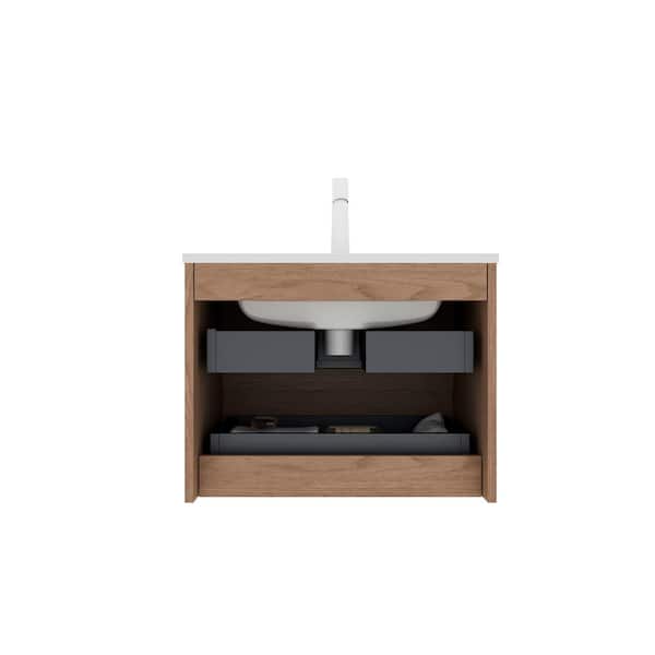 Unbranded Hot Sale 24 in. W Wall-Mounted Bath Vanity in Brown with White Sink and Ceramic Basin Top, 2-Drawers, Ceramic Basin