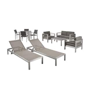 Cape Coral Silver 11-Piece Aluminum Rectangular Patio Outdoor Dining Set with Khaki Cushions