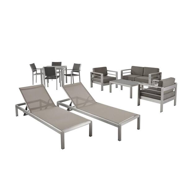 Noble House Cape Coral Silver 11-Piece Aluminum Rectangular Outdoor Dining Set with Khaki Cushions