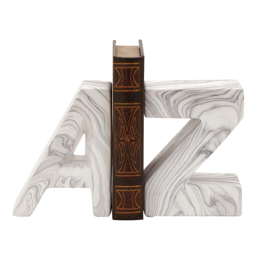 CosmoLiving by Cosmopolitan White Ceramic A Z Text Bookends with Faux Marble Finish (Set of 2)