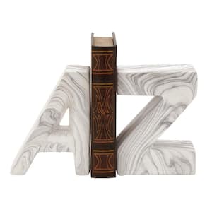 White Ceramic A Z Text Bookends with Faux Marble Finish (Set of 2)