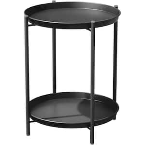 Black Round Outdoor Coffee Table 2-Tier, Weather Resistant Metal Side Table for Balcony, Porch, Deck, Poolside