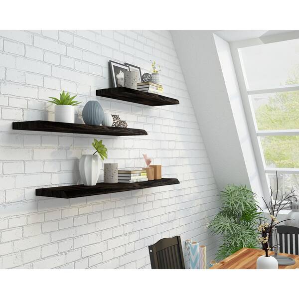 Interbuild Solid 3.9 ft. L x 10 in. D x 1.5 in. T, Acacia Butcher Block Floating Wall Shelf, Espresso with Live Edge