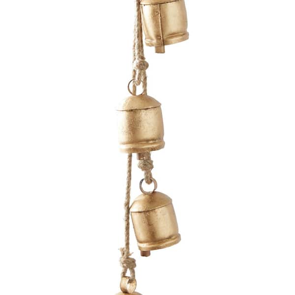 Litton Lane Gold Metal Tibetan Inspired Narrow Cone Decorative Cow Bell  with Jute Hanging Rope (3- Pack) 042653 - The Home Depot