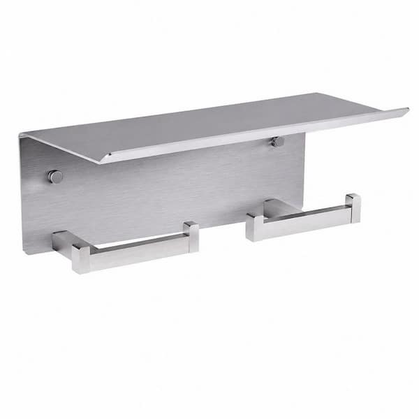 Wall Mounted Stainless Steel Double Toilet Paper Holder with Shelf, Large Wall Mount Tissue Dispenser, Brushed Nickel