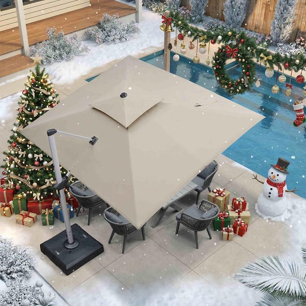 9 ft. x 11 ft. High-Quality Aluminum 360 Rotation Cantilever Polyester Outdoor Patio Umbrella with Base, Beige
