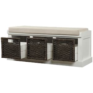 White Storage Bench with 3 Removable Classic Rattan Basket and Cushion 43.7 in. x 17 in. x 15.7 in.