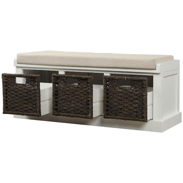 J&E Home White Storage Bench with 3 Removable Classic Rattan Basket and Cushion 43.7 in. x 17 in. x 15.7 in.