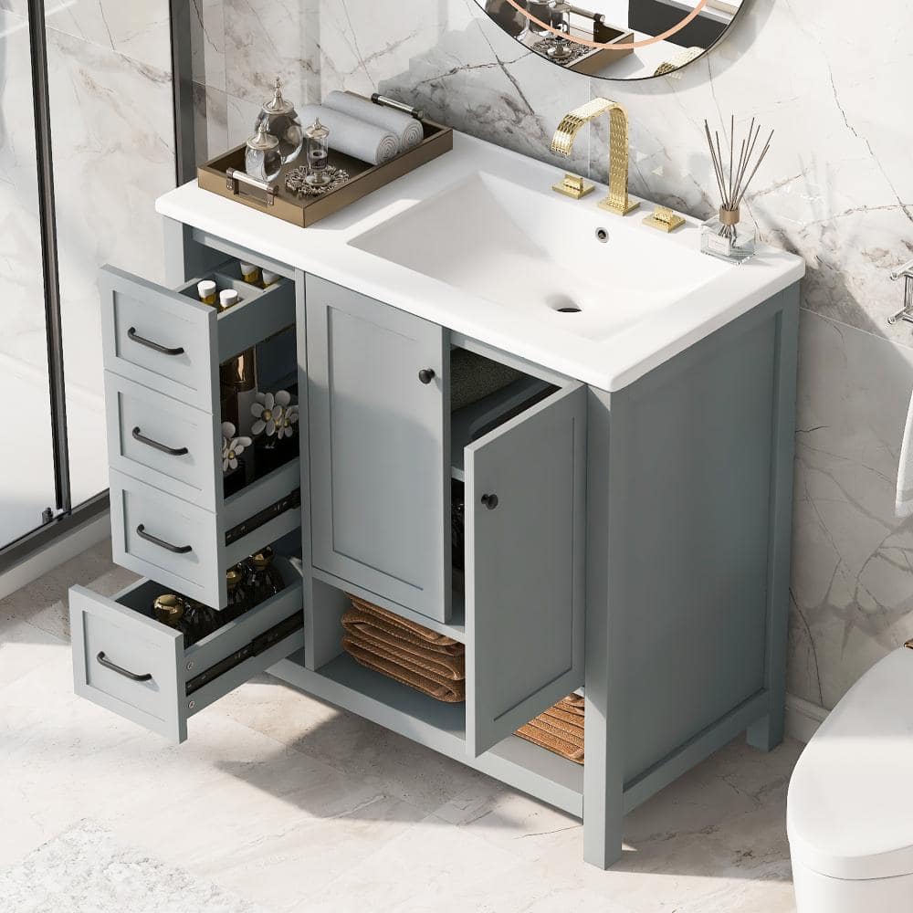 "36"" Grey Vanity Sink, 2 Doors & 2 Drawers, Open Shelf, 2 Packs" price history on PriceWatchPro