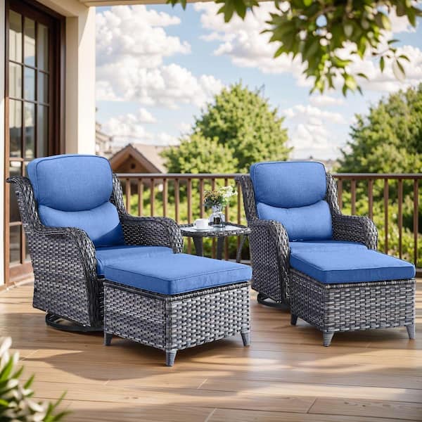 Smiley Gray 5-Piece Wicker Patio Conversation Set with 5 in. Thick Blue Cushions Outdoor Swivel Chair Set with Ottomans