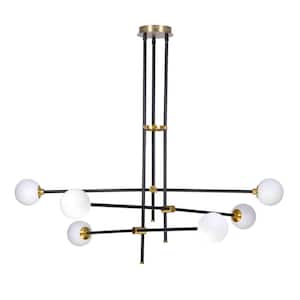 6-Light Black and Aged Brass Chandelier with Etched Opal Glass