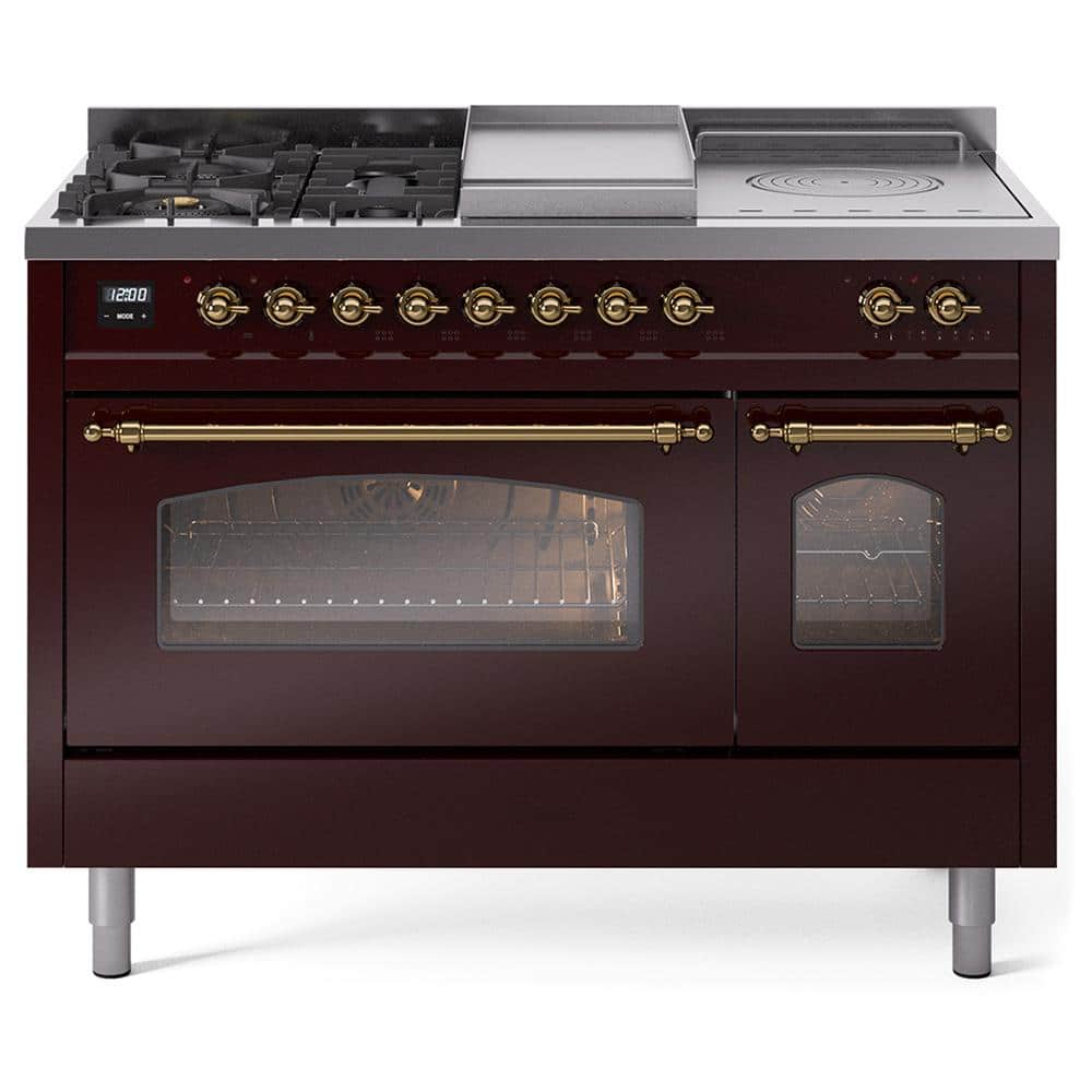 ILVE Nostalgie II 48 in. 5 Burner Dual Fuel Liquid Propane Range in Burgundy with Brass Trim