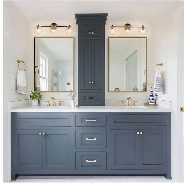 Modern 24.5 in. 3-Light Black Vanity Light, Bronze Gold Wall Sconces with Seeded Glass, Rustic Bathroom Wall Lights