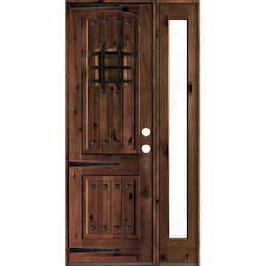 44 in. x 96 in. Medit. Knotty Alder Left-Hand/Inswing Clear Glass Red Mahogany Stain Wood Prehung Front Door w/RFSL