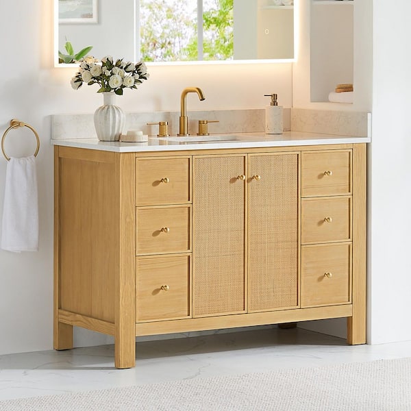 Cedar 48 in. Single Freestanding Natural Wood Bath Vanity with Grain White Engineered Stone Top Assembled
