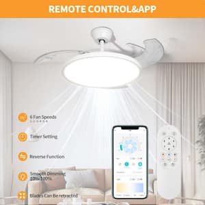 42 in. Smart Indoor White Low Profile Ultra Thin Retractable Semi Flush Mount Ceiling Fan Light with LED with Remote