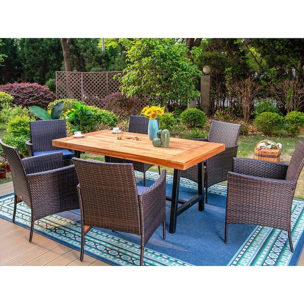Black 7-Piece Metal Patio Outdoor Dining Set with Rectangle Table and Rattan Chairs with Blue Cushion