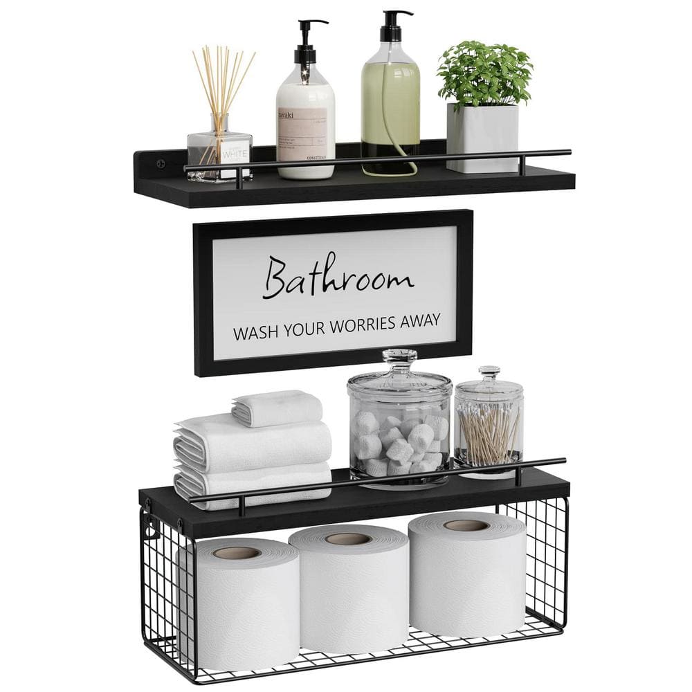 6 in. D x 16 in. W x 5.5 in. H Black Wood Floating Decorative Wall Shelf (S