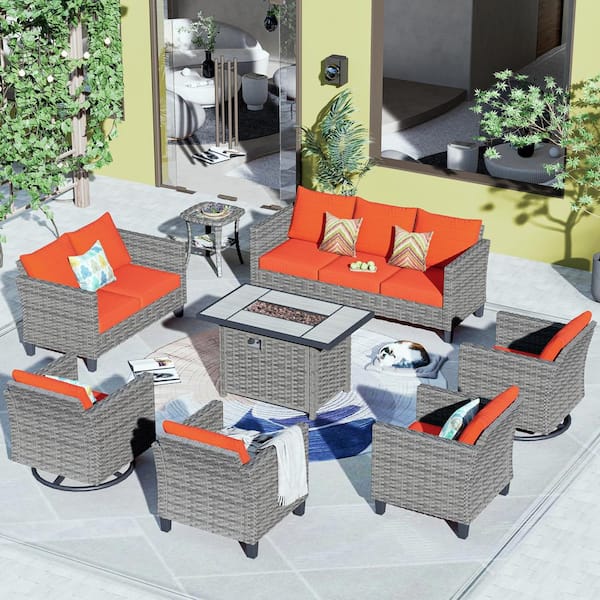 OVIOS New Star Gray 8-Piece Wicker Patio Rectangle Fire Pit Conversation Set with Orange Red Cushions and Swivel Chairs