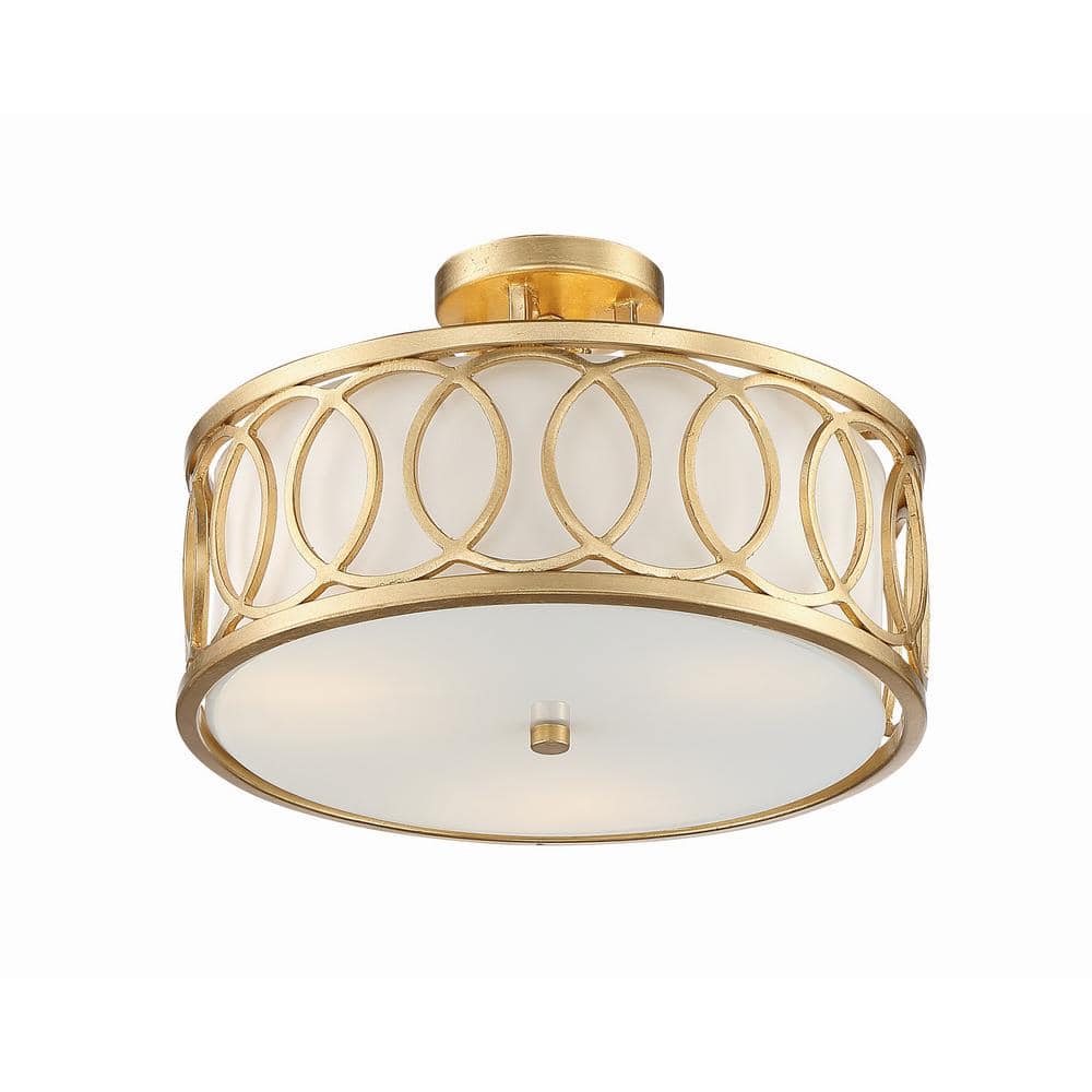 Libby Langdon Antique Gold Circular 3-Light Semi-Flush Mount with White Silk Shade