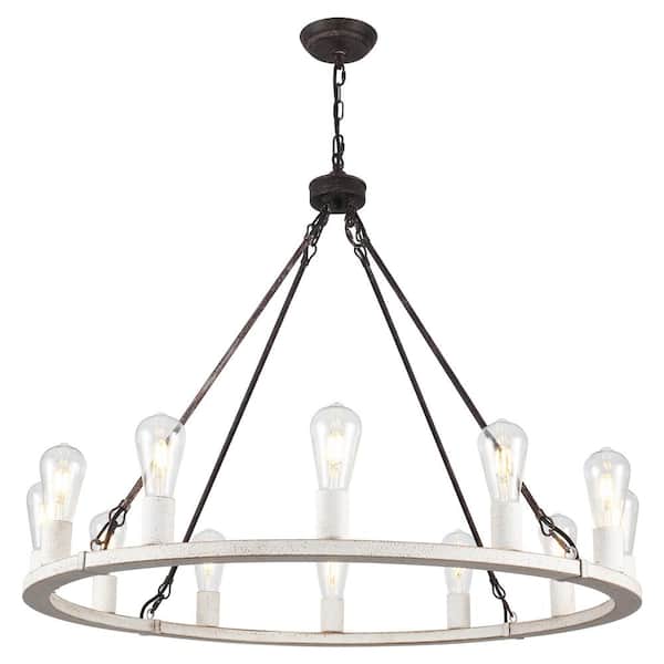 ZJVAIVE 12-Light Black and Vintage White Circle Candle Design Wagon Wheel Chandelier Linear Chandelier Lighting for Dining Room