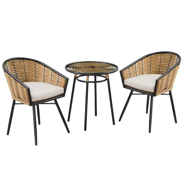 Outsunny 3 of Piece Patio PE Rattan Wicker Outdoor Bistro Set, Outdoor Round Resin Wicker Coffee Set, with Cream White Cushion