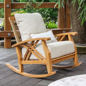 Cambridge Casual Carmel Teak Wood Outdoor Rocking Chair with Tan Cushion